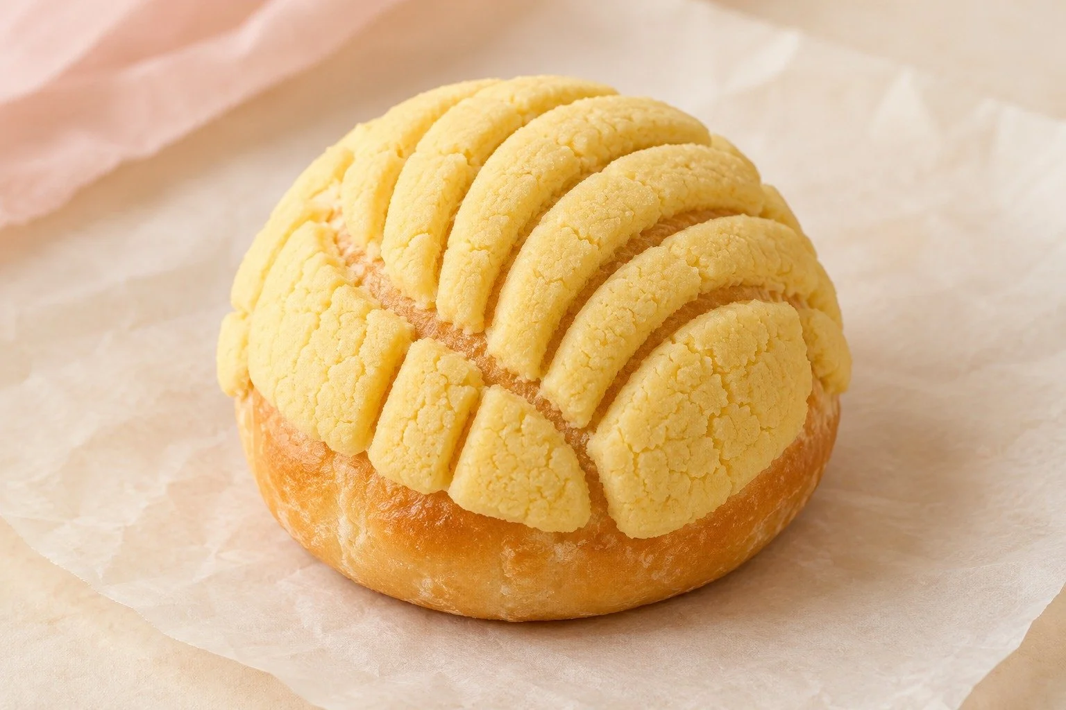 Signature Lemon mini concha with a pale-yellow shell-patterned cookie topping. Illustrative product image.