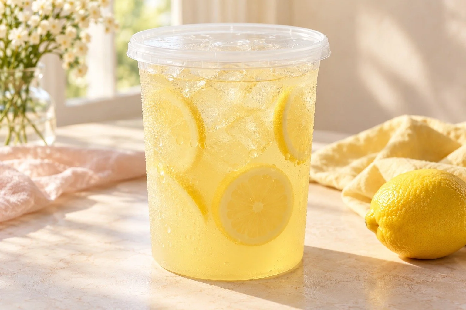 Fresh fair-style lemonade in a clear 32-ounce deli container with lemons nearby. Illustrative product image.