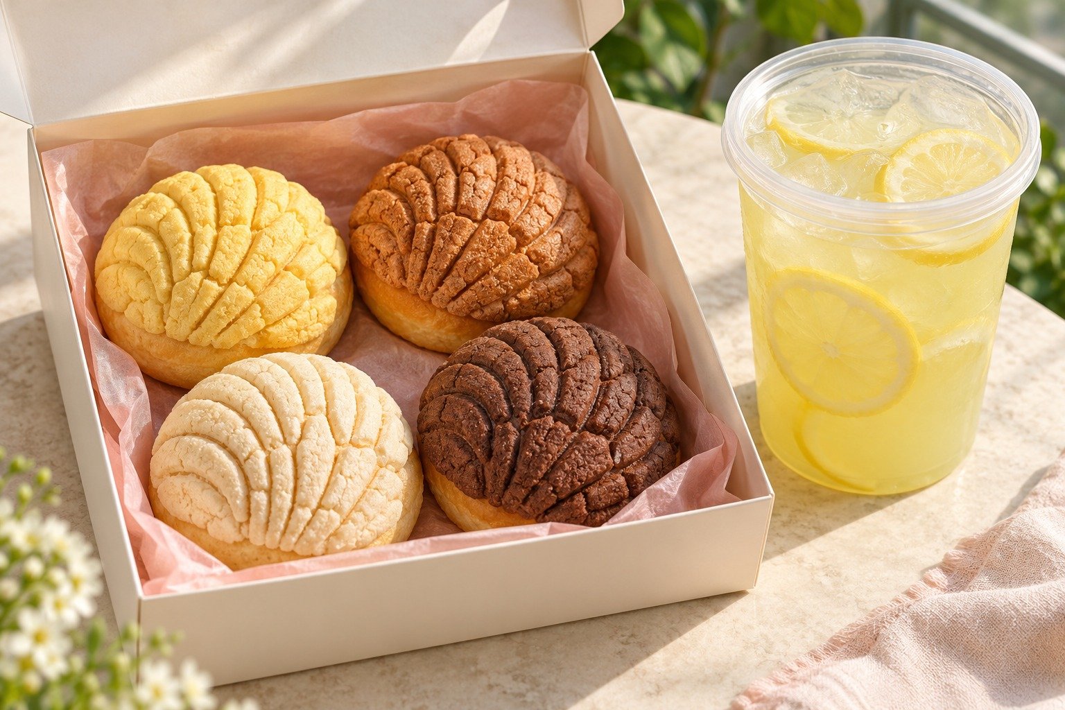 Four mini lemon, pumpkin spice, vanilla, and chocolate conchas in a bakery box beside fresh lemonade. Illustrative product image.