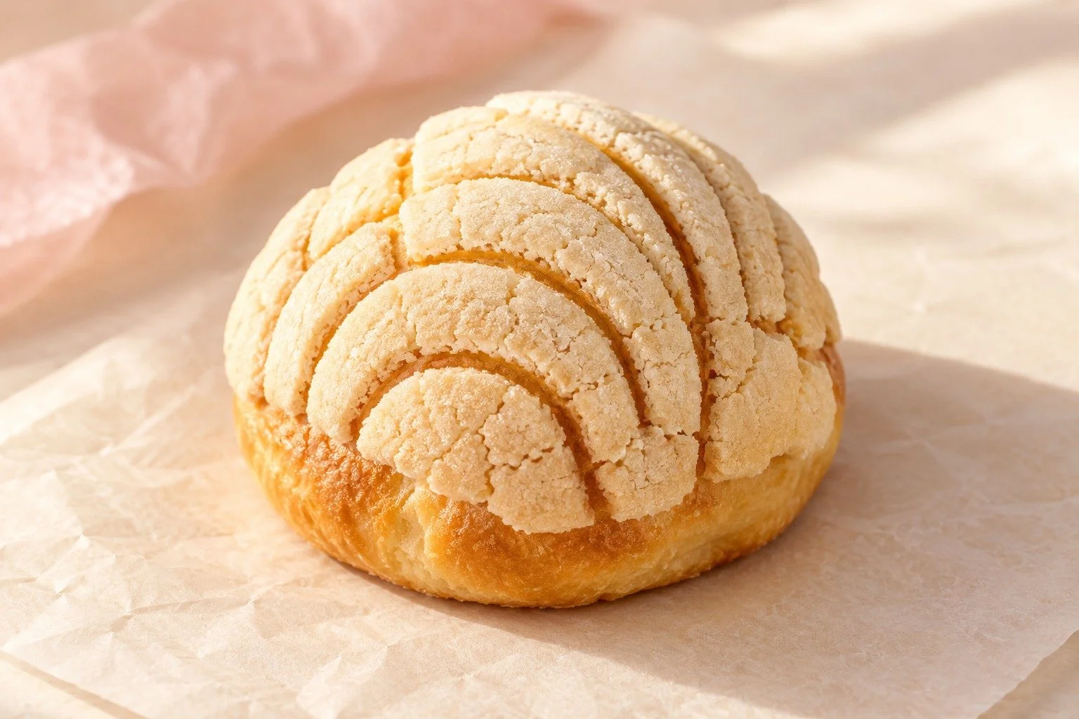 Vanilla mini concha with a creamy shell-patterned cookie topping. Illustrative product image.