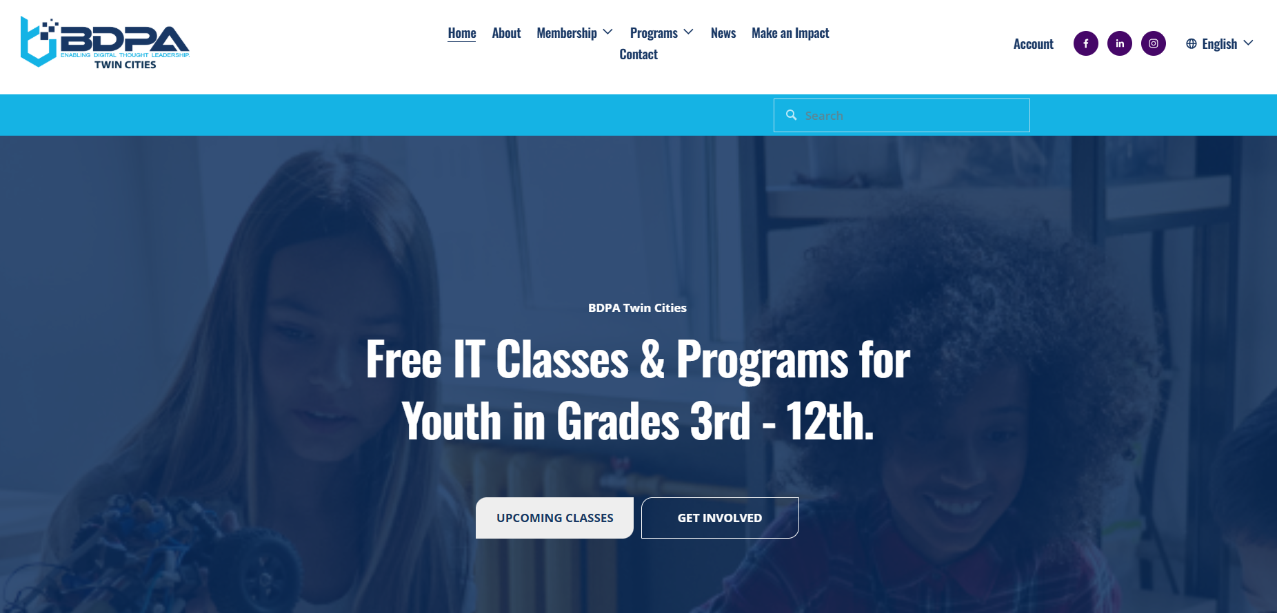 Screenshot of the BDPA Twin Cities website homepage promoting free IT classes and programs for youth in grades 3rd to 12th.