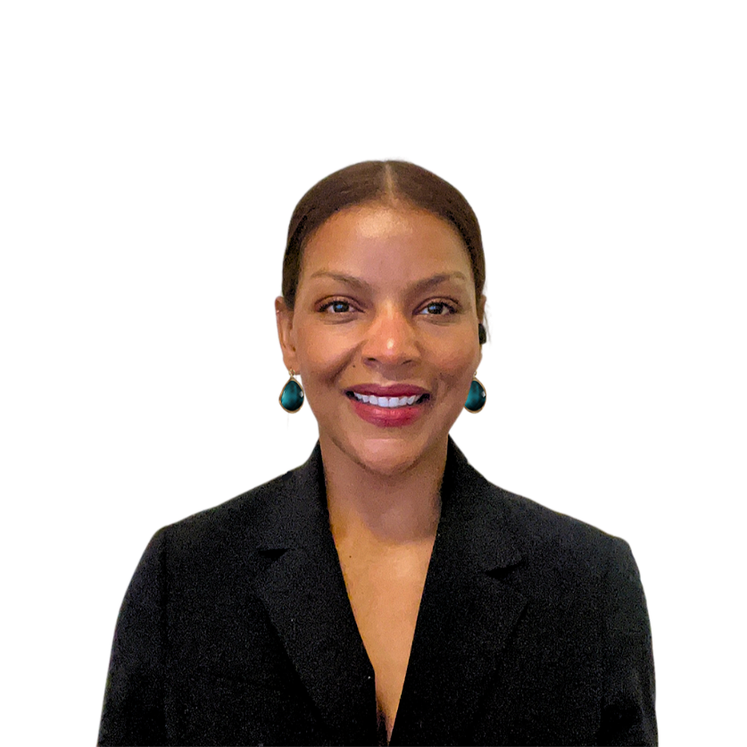 A woman with short brown hair, wearing a black blazer and teal earrings, smiling at the camera.