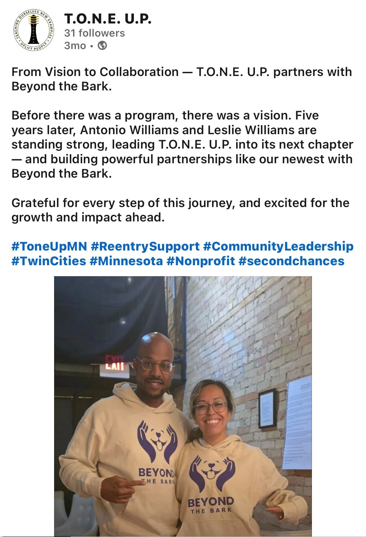 tone up mn reentry services linkedin post-beyound the bark partnership 2025