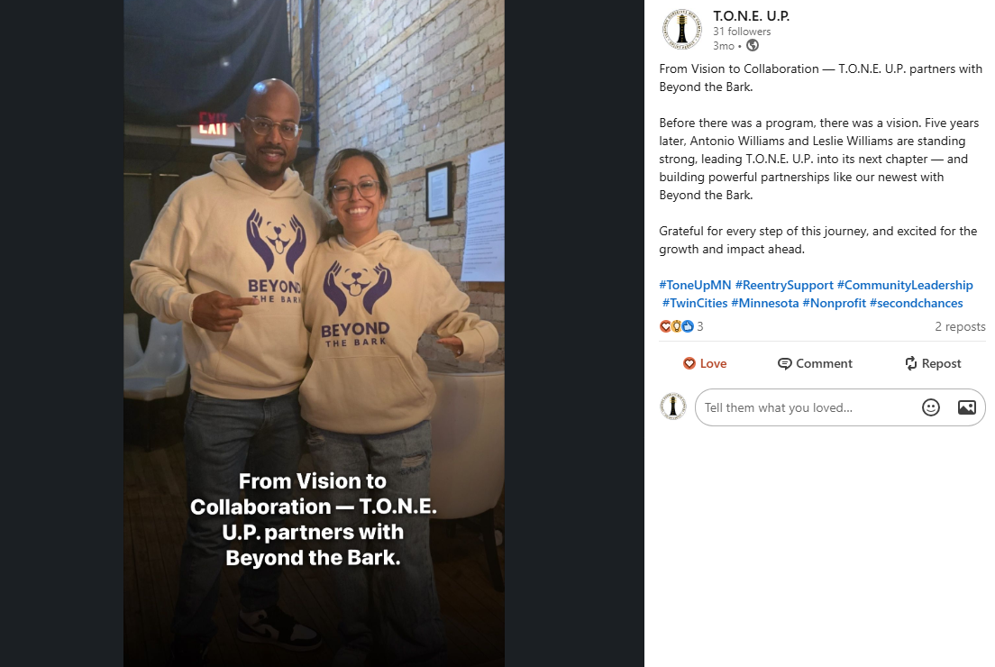 antonio and leslie williams wearing beyond the bark sweatshirts