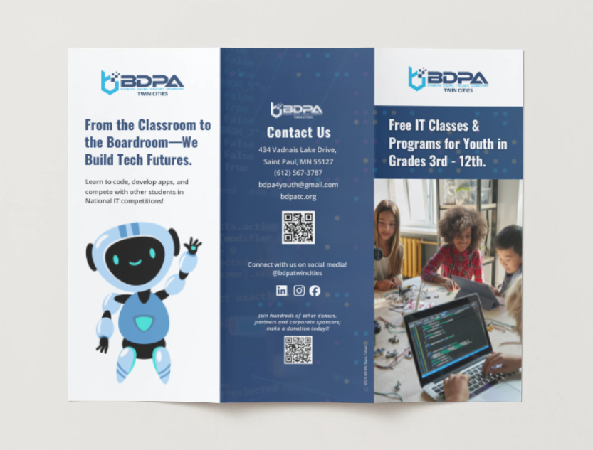 Tri-fold brochure for BDPA Twin Cities, showcasing contact information, social media links, and a photo of children working with computers in a classroom.