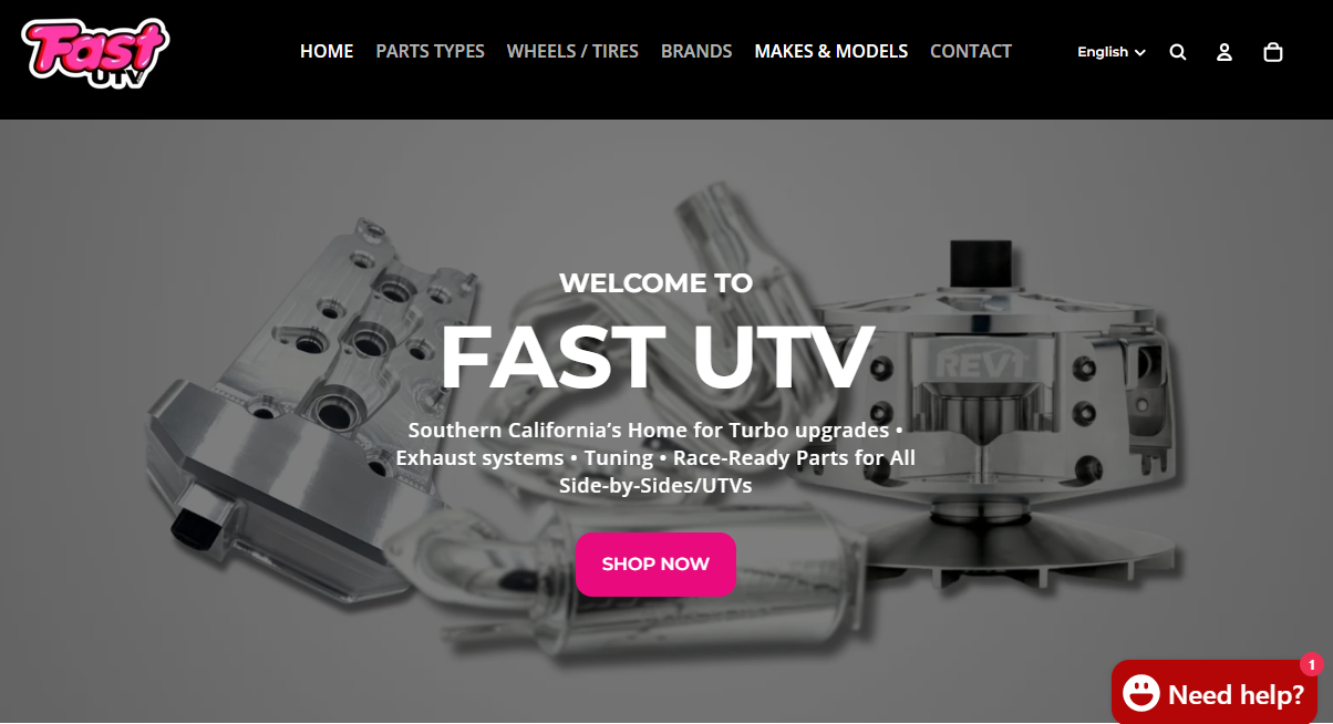 Homepage of Fast UTV website displaying turbo upgrade parts, exhaust systems, and race-ready components with a dark header and a central image of automotive parts.