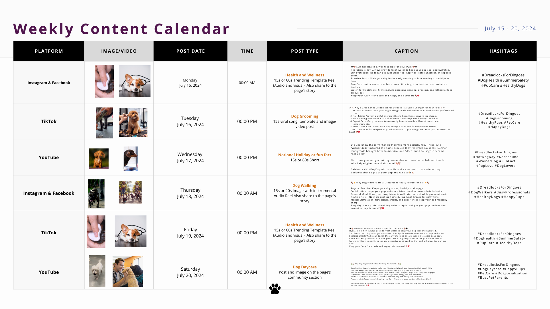 dreadlocks for dingoes 2024 content calendar page 1