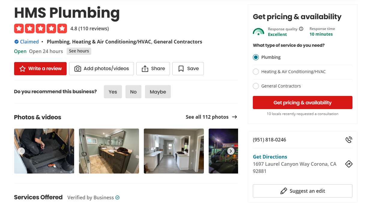 key-facts-hms plumbing and construction yelp page