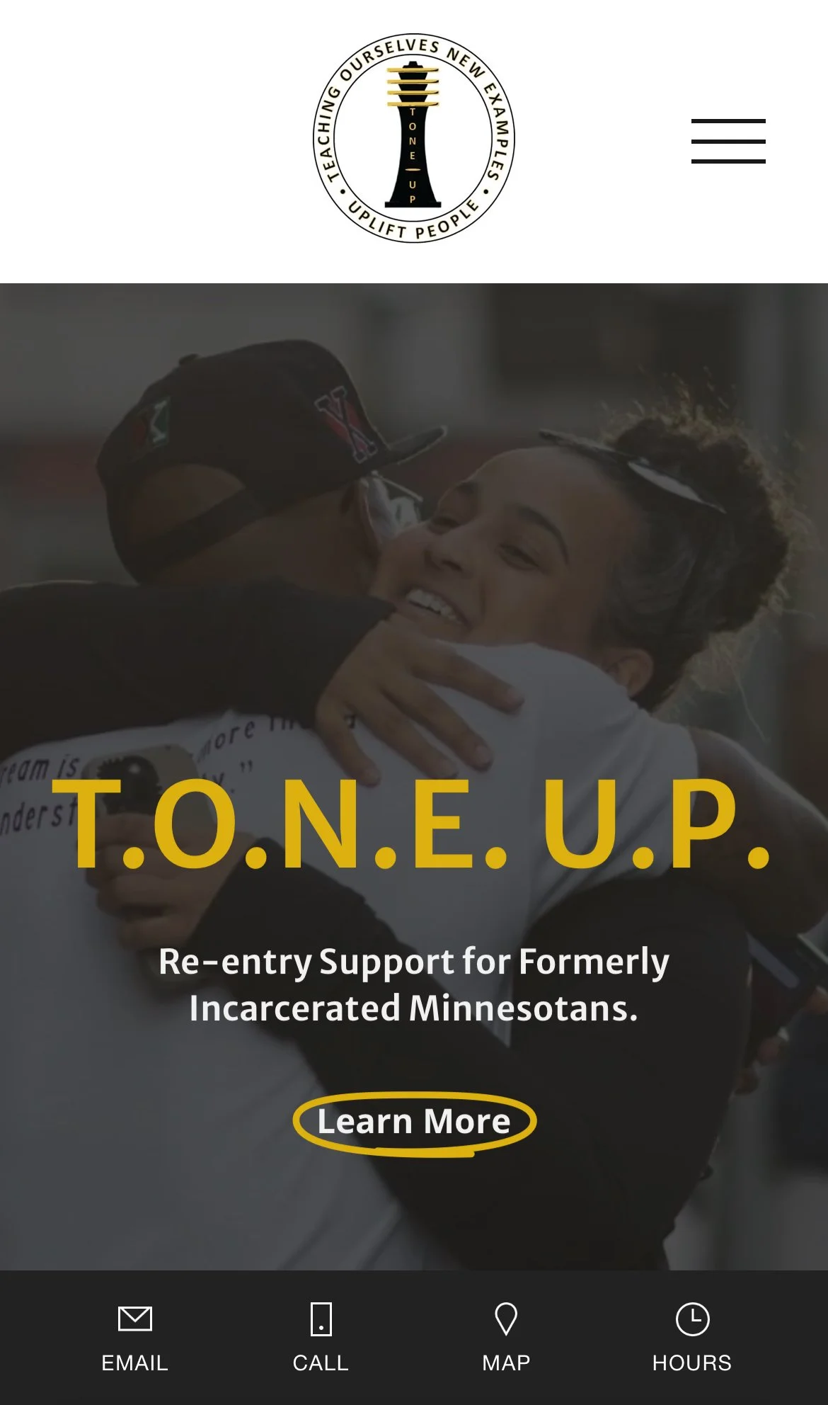 A group of people embracing, with one woman smiling. The image is part of a website promoting T.O.N.E. U.P., a support program for formerly incarcerated Minnesotans.