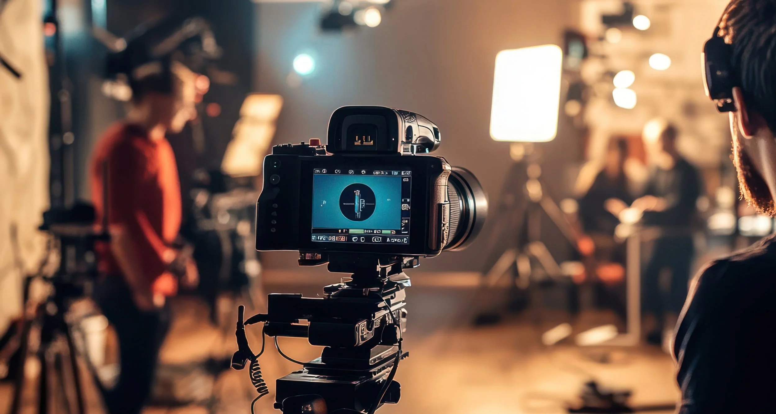 A professional video camera in sharp focus on a film set, with blurred crew and actors in the background; representing the behind-the-scenes effort of video production.
