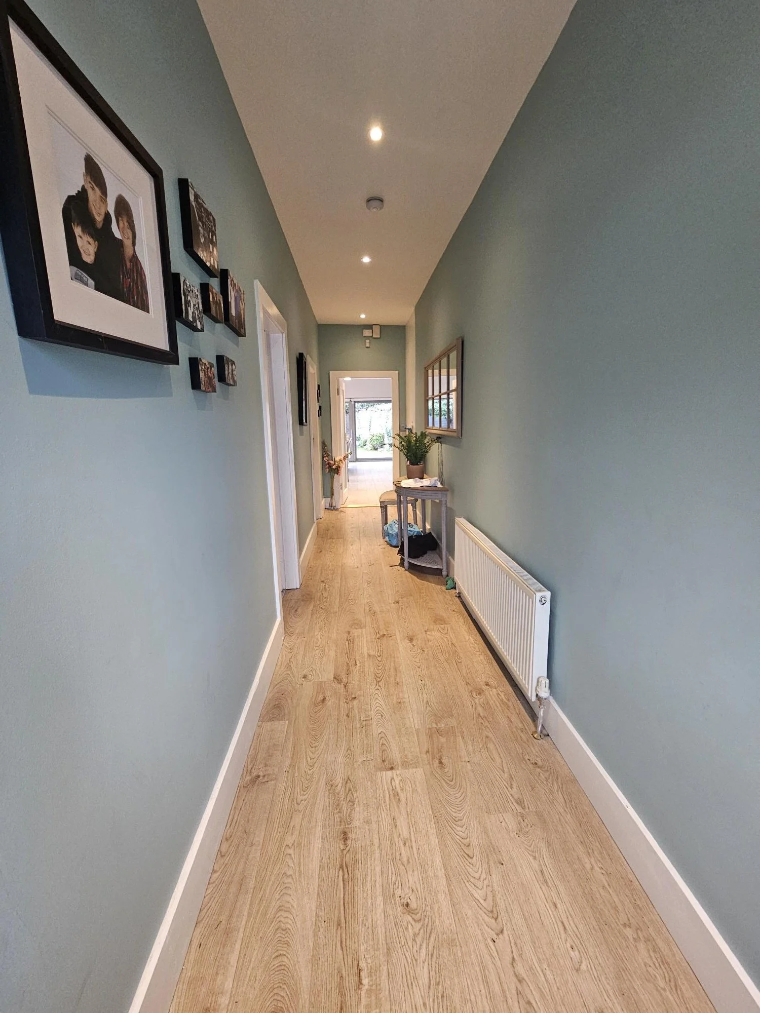 Long hallway with light green walls, wooden floor, family photos on the left wall, radiator on the right wall, small table with potted plant, and a door at the end leading outside.