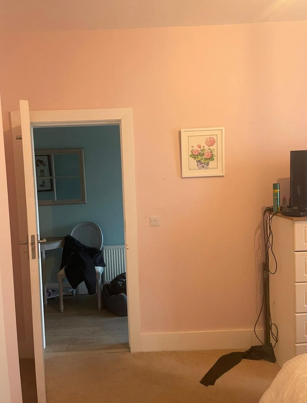 A room with beige carpet, a dresser with a TV, and a pink wall with a framed floral picture. An open doorway leads to another room with a blue wall, a white chair with a black jacket, a window, and a radiator.