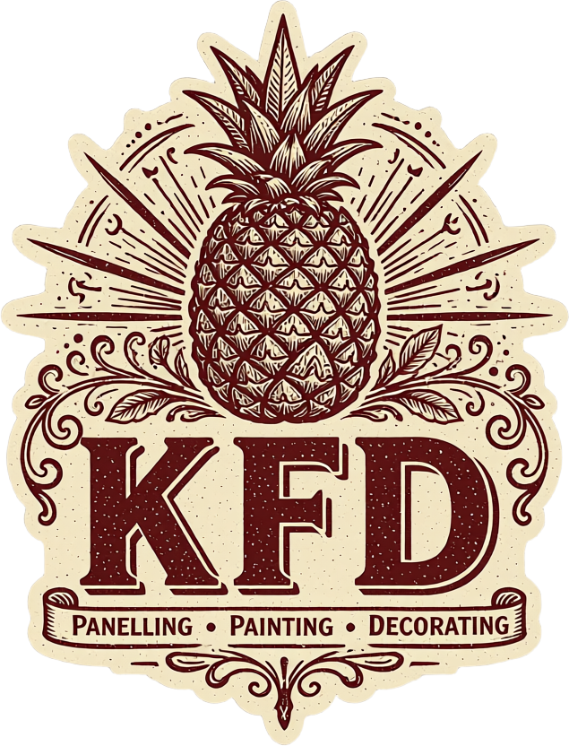 Vintage decorative sign featuring a pineapple and sunburst above large KFD lettering, with “Paneling • Painting • Decorating” below.