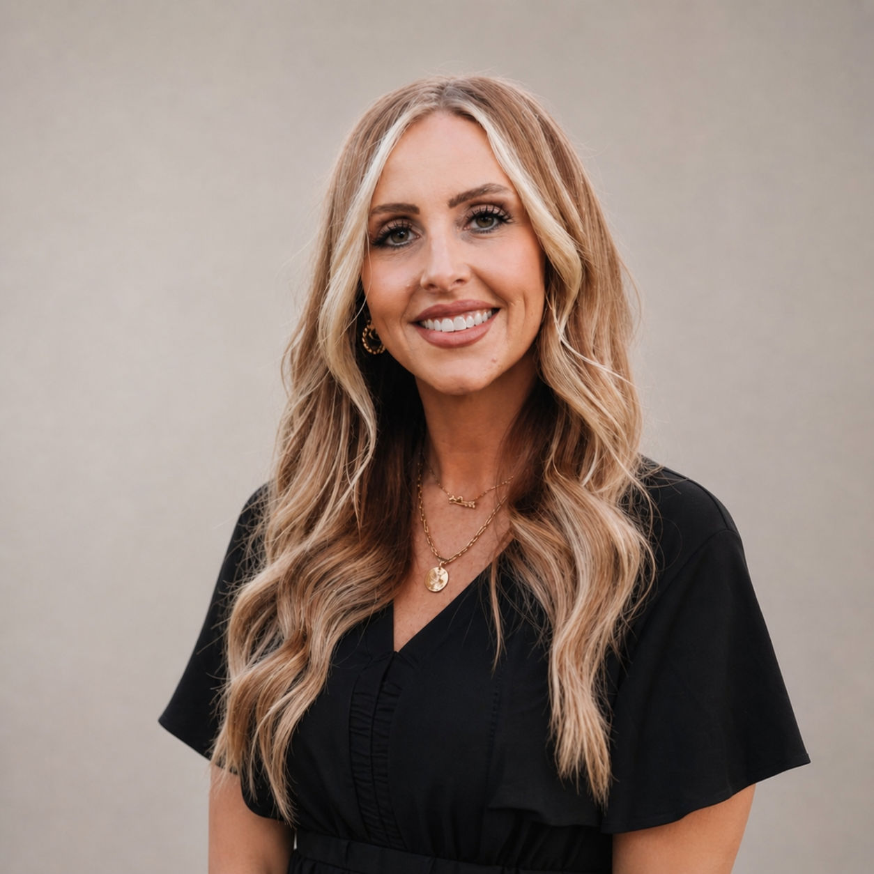 Portrait of a smiling woman with wavy blonde hair, wearing black top and layered gold necklaces and earrings, standing against a neutral background.