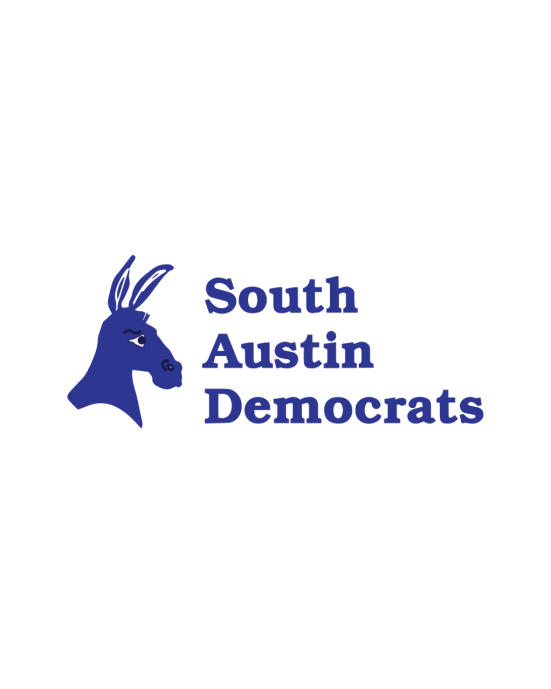 Logo of South Austin Democrats featuring a blue donkey with a mischievous expression and the organization's name in bold purple and white text.