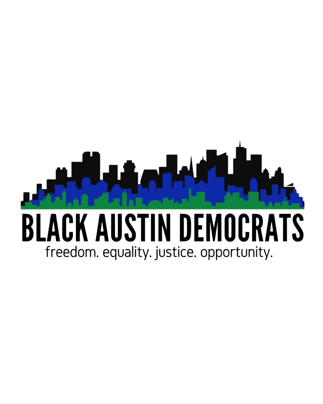 Logo for Black Austin Democrats featuring a black and blue city skyline above the text 'Black Austin Democrats' and the slogan 'Freedom, Equality, Justice, Opportunity'.
