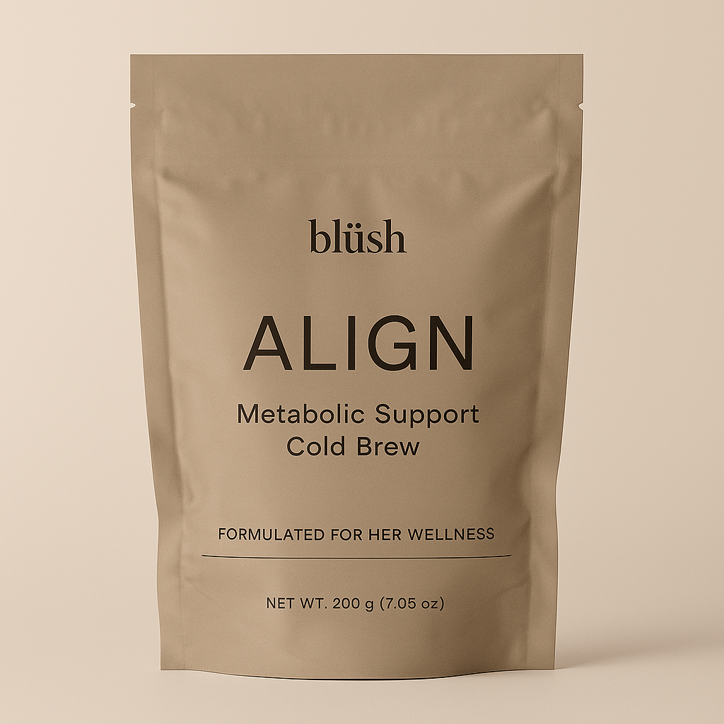 A beige stand-up pouch labeled "align" containing cold brew with metabolic support, designed for women's wellness, weighing 200 grams.
