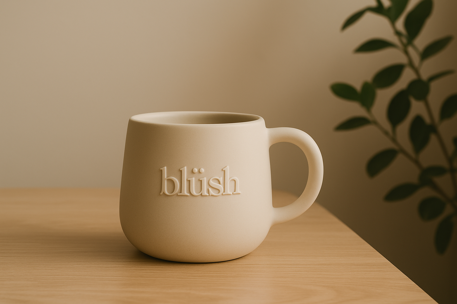 Blüsh wellness mug with logo on wooden surface representing holistic feminine care and daily wellness rituals
