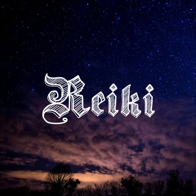 Night sky with stars and clouds, with the word 'Reiki' written in stylized white font.