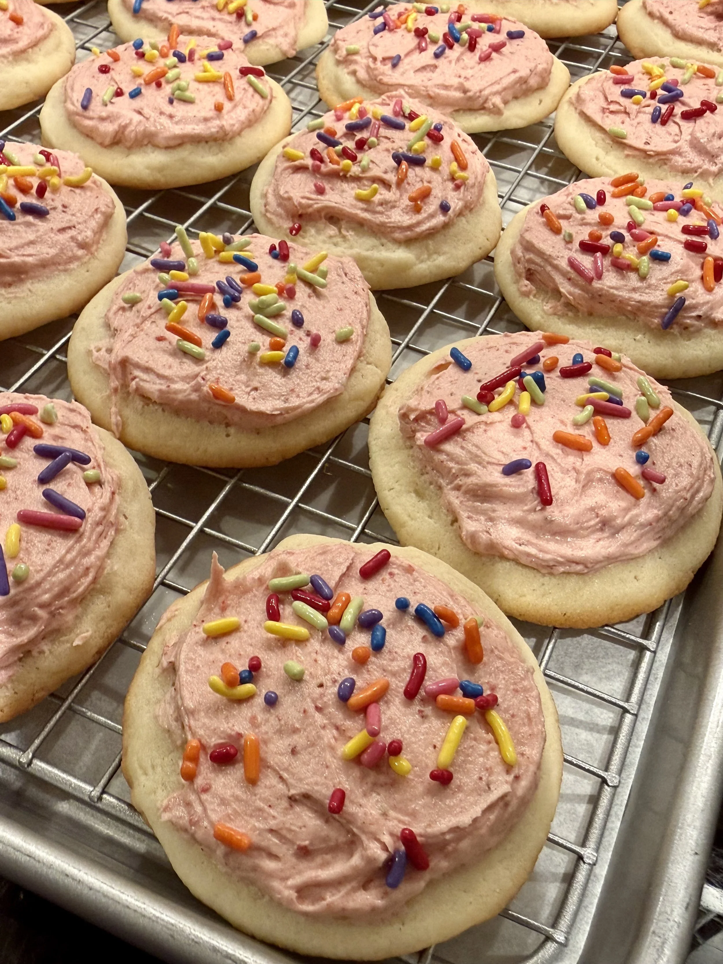 Strawberry Frosted Sugar Cookies with Rainbow Sprinkles