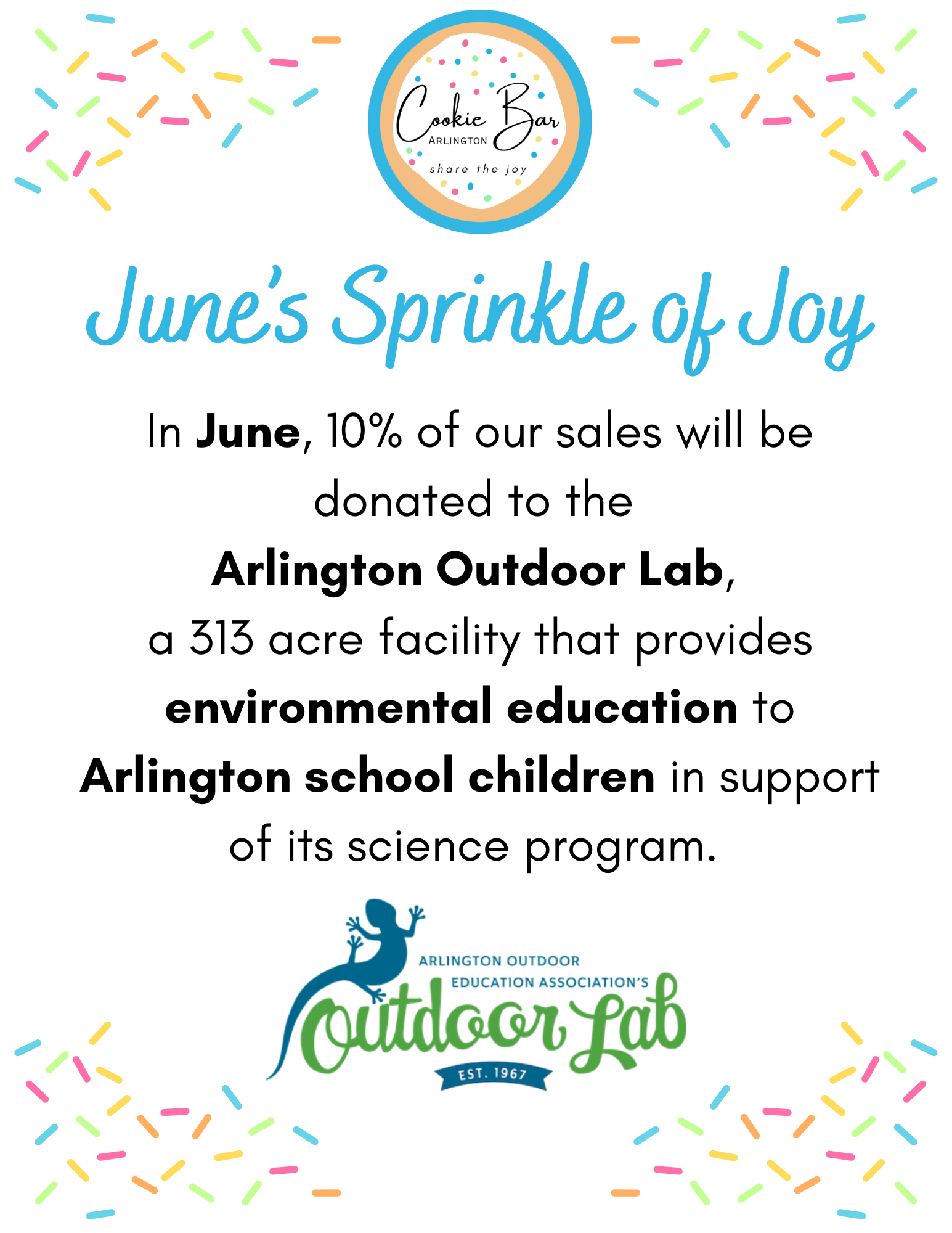 We are donating 10% of our June sales to the Arlington Outdoor Lab