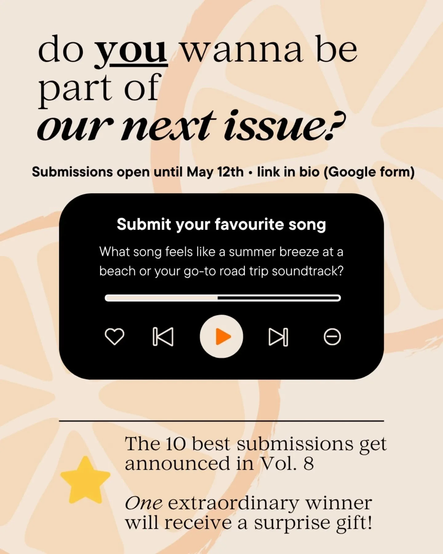 Are you a singer, a fan, or simply a casual listener? This is your chance to be featured in our printed magazine! Submit a song that fits the theme &ldquo;Summer Breeze&rdquo; for the opportunity to be included. 
One "Lucky Winner" will als
