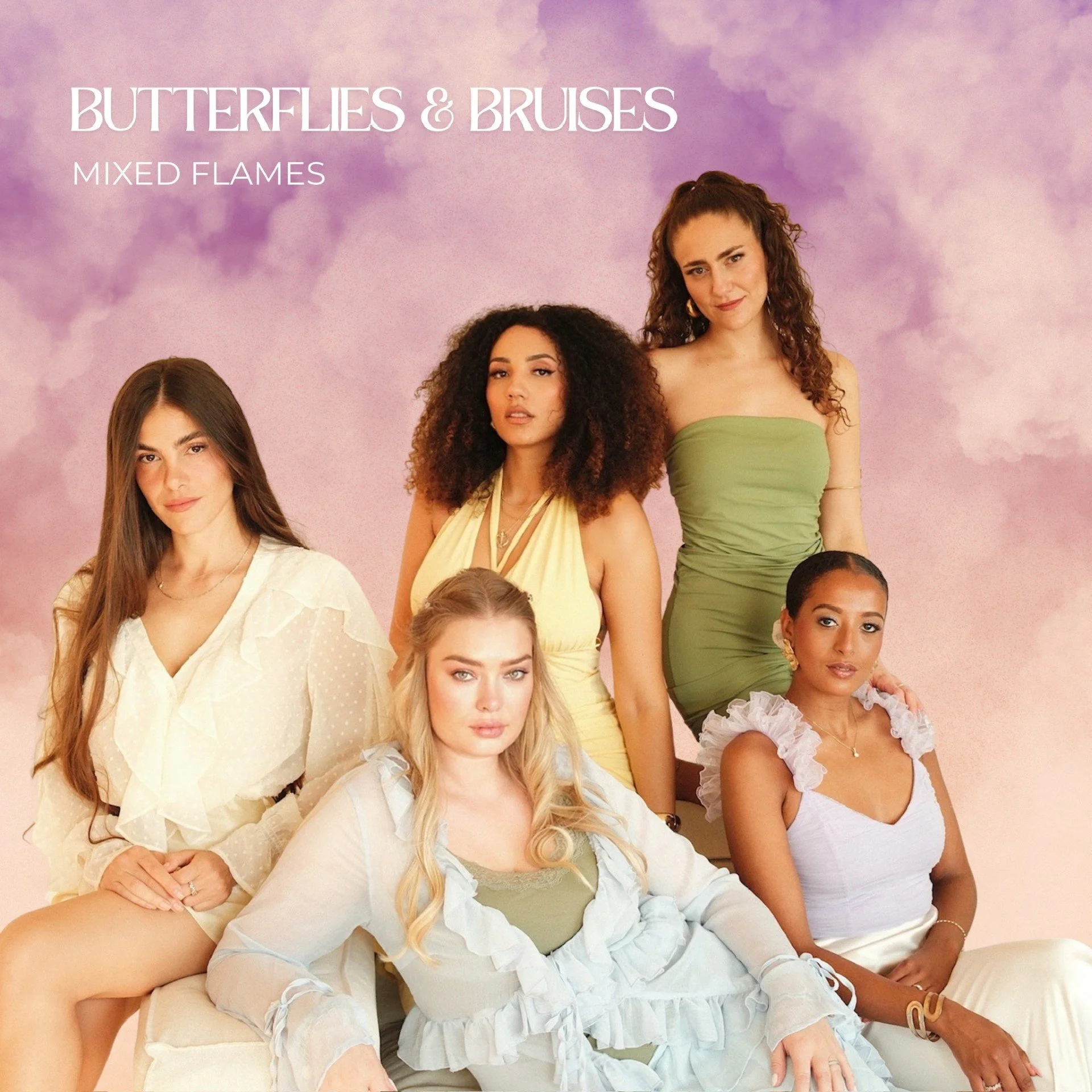 A photo of five girls, the girl group "Mixed Flames", from Switzerland, for their album Butterflies & Burises. The image is featured in an article and interview with the group about their album.