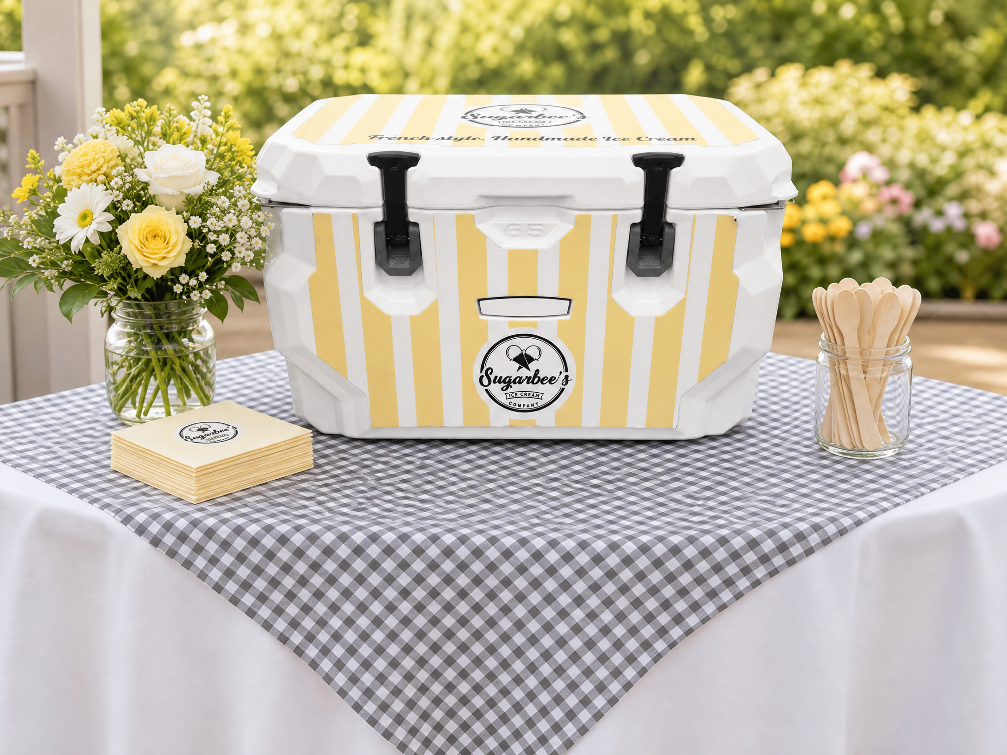A white portable cooler with yellow stripes and the label "Sugarbee's Ice Cream Company" on a checkered tablecloth, flanked by a jar of flowers and a jar of wooden spoons, outdoors with greenery in the background.