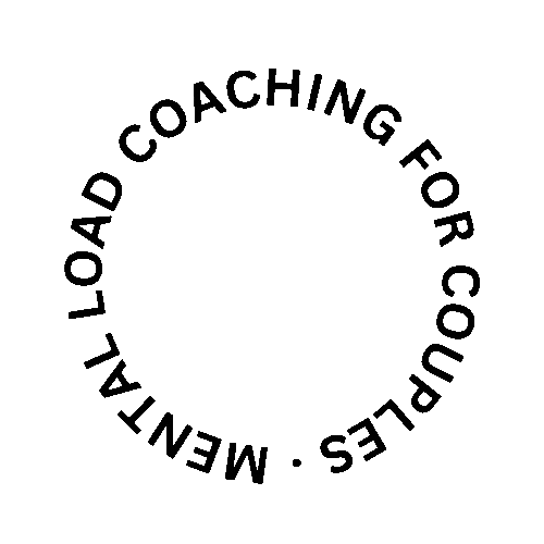 Circular black text that says 'MENTAL LOAD COACHING FOR COUPLES' on a black background.