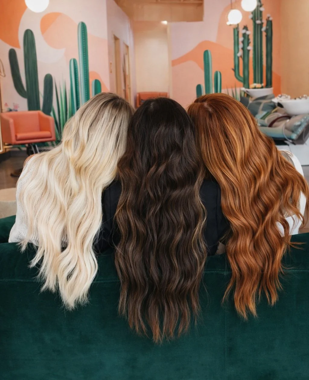 Three women with long, wavy hairstyles in blonde, brunette, and red shades sitting on a green couch in a stylish salon with desert-themed wall art.