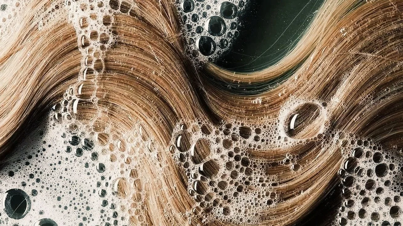 Close-up of a swirling mixture of brown liquid, soap bubbles, and foam, creating abstract patterns with different sizes of bubbles and creamy textures.