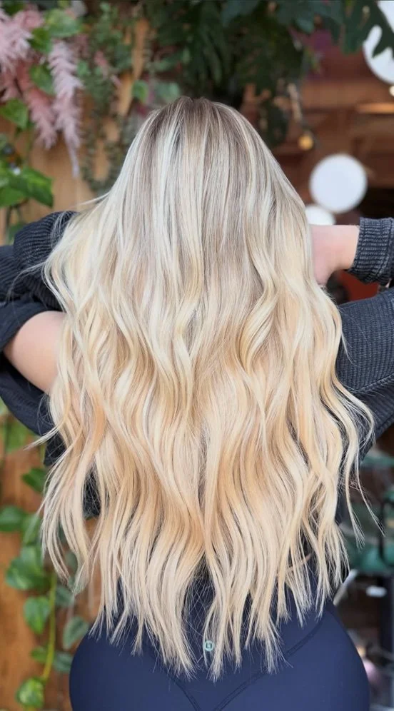 Back view of a woman with long, wavy blonde hair, wearing a dark top, standing outdoors with plants in the background.