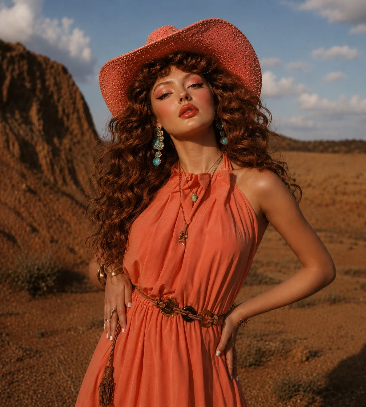 A woman with long, curly hair wearing a yellow dress with jewelry stands in a desert landscape with rocky hills and blue sky.