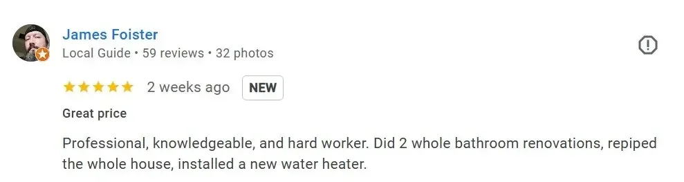 Positive client review for high quality plumbing work