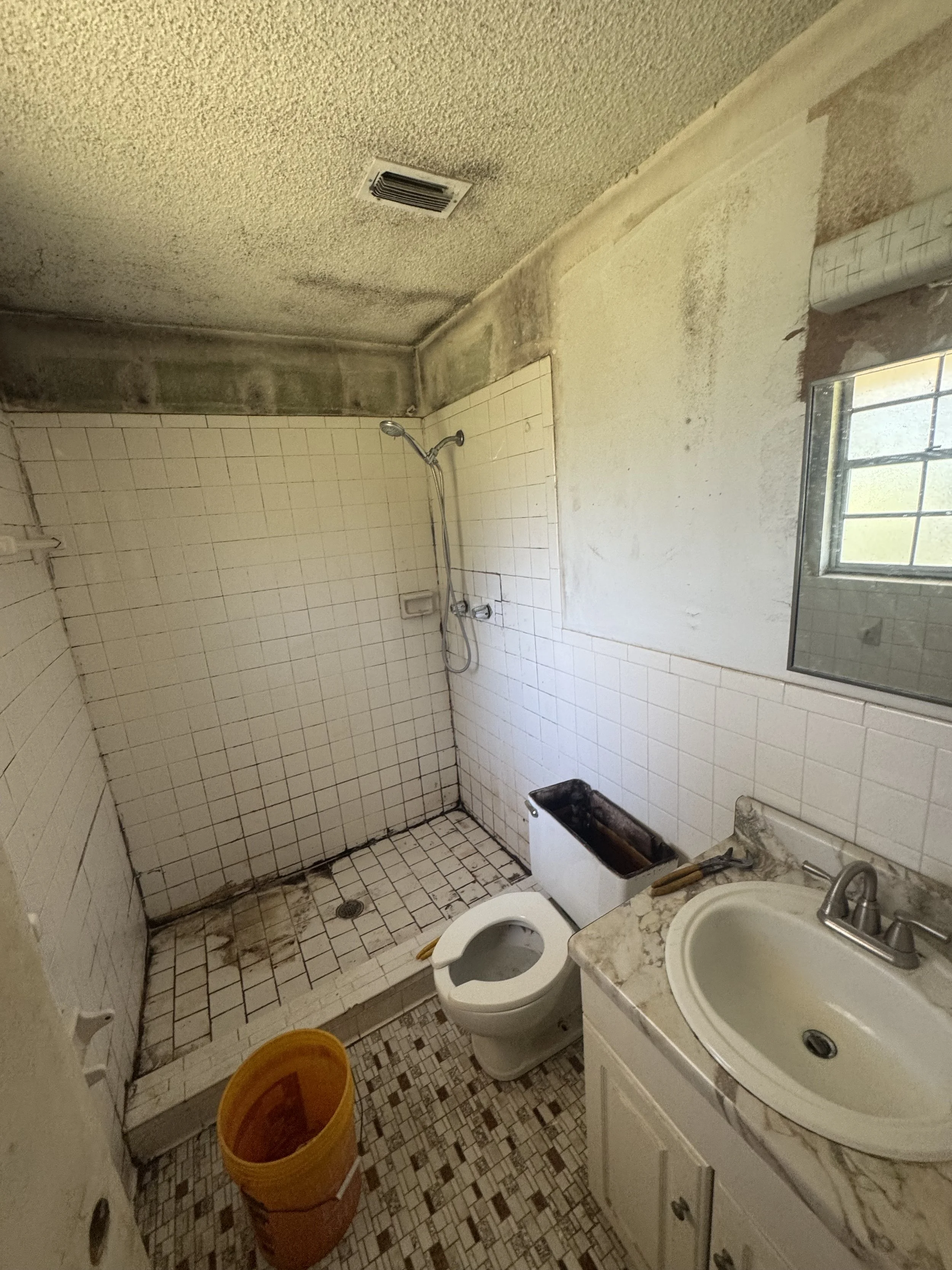 Bathroom demolition removing old fixtures and materials during remodel