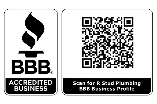 BBB Accredited Business logo with QR code and text to scan for R Stud Plumbing BBB profile.
