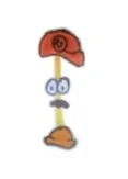 A stack of cartoon-style food items arranged vertically, including a slice of ham, an onion, a carrot, and a hamburger bun, with eyes on the onion.