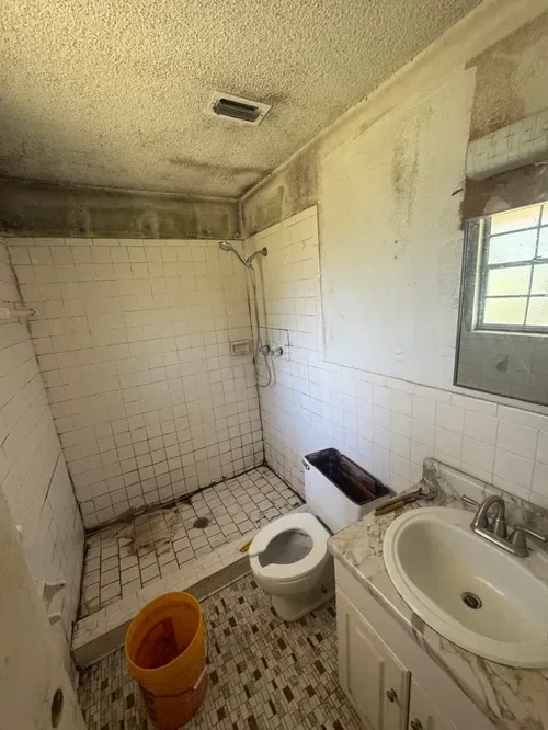 Bathroom demolition removing old fixtures and materials during remodel