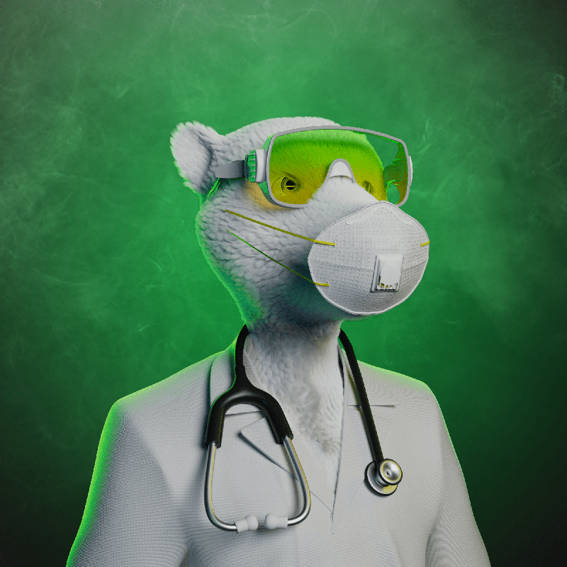 Anthropomorphic llama dressed as a healthcare professional with a stethoscope, wearing goggles and a face mask, against a green background.