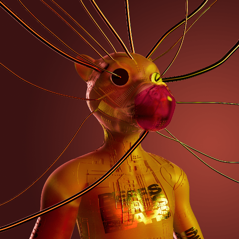 A humanoid figure with a metallic body and numerous wires and antennas protruding from its head, resembling a futuristic robot or cyborg.