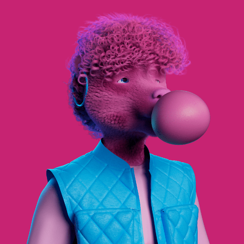 A humanoid creature with a pink, furry face and light pink, curly hair is blowing a large pink bubble gum bubble. The background is solid pink, and the creature is wearing a blue, sleeveless quilted vest with a zipper.