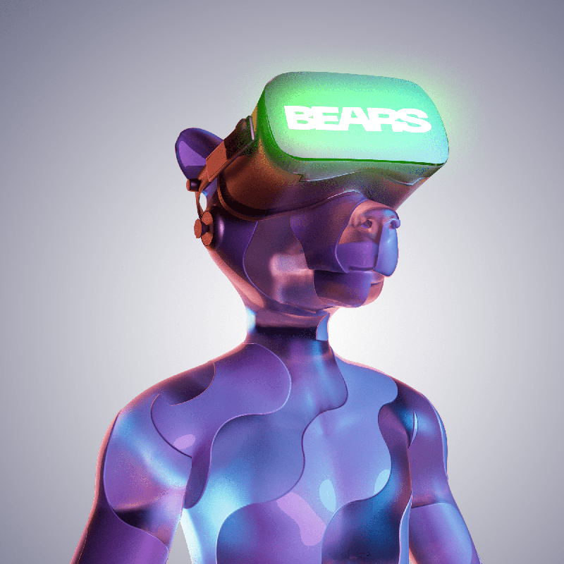 A stylized, abstract humanoid figure with a purple, shiny body wearing a virtual reality headset with the word 'BEARS' illuminated on the visor.
