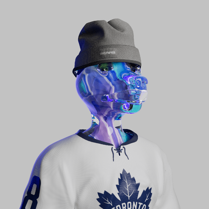 A transparent plastic mannequin wearing a Toronto Maple Leafs hockey jersey, a gray beanie, and a clear mask covering its mouth and nose, with a plain gray background.