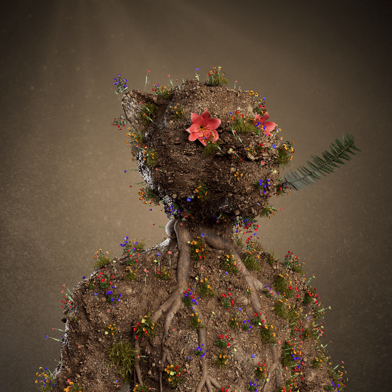 A creative sculpture resembling a fox's head made from soil and roots, decorated with colorful flowers and a fern leaf.