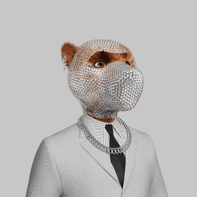 A person wearing a dog-shaped mask made of rhinestones, a white suit, a striped shirt, a black tie, and a silver chain necklace.