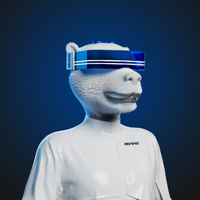 Anthropomorphic bear mascot wearing a white sports jacket with BEARS logo and a blue visor-shaped virtual reality headset.