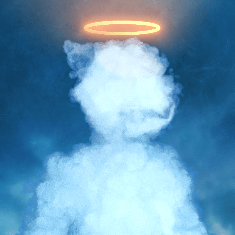 A figure made of smoke with a glowing halo above its head in a dark, misty environment.