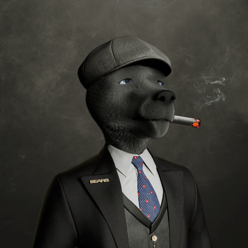 Anthropomorphic bear wearing a suit, tie, and blazer with a name tag that says 'BEARS', a flat cap, and smoking a cigarette, against a dark grey background.