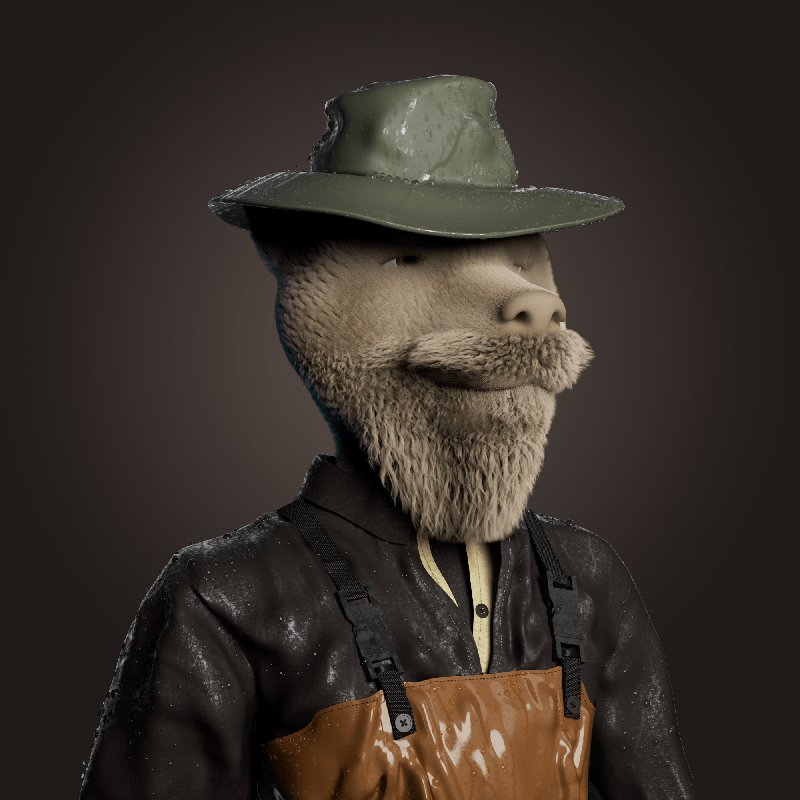 A humanoid character with a textured, animal-like face, wearing a green hat, a black jacket, and brown waterproof overalls, against a dark background.