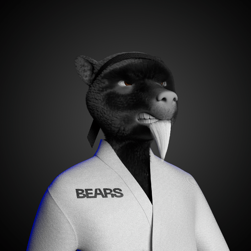 An anthropomorphic bear with a black wolf mask, wearing a white martial arts uniform with 'BEARS' printed on it, against a dark background.